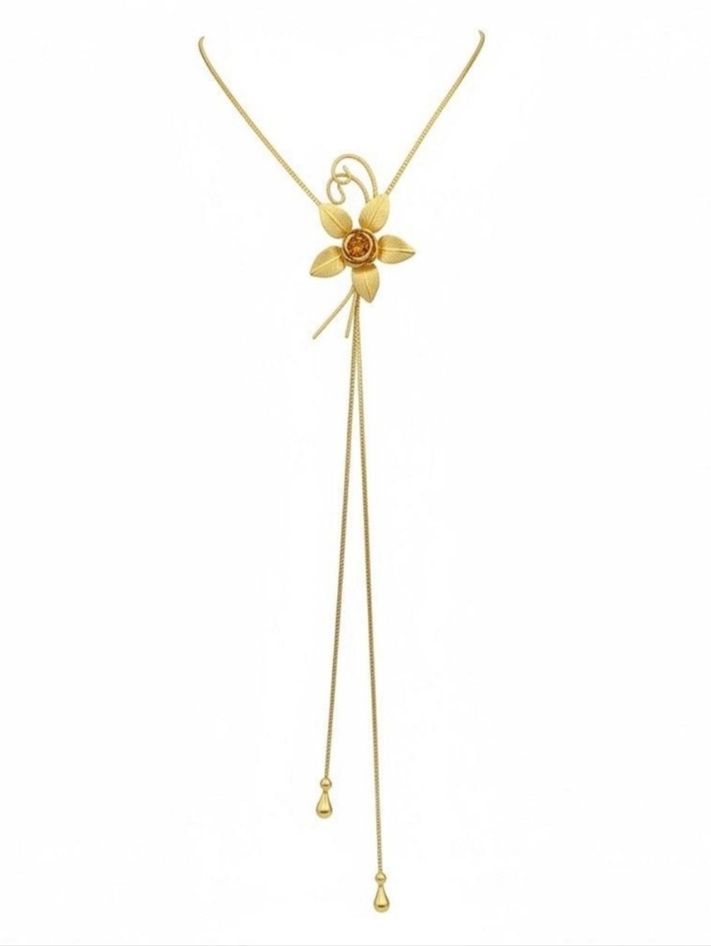 Vintage Gold Tone  Bolo Lariat Style Slide Necklace Flower Mesh Rose 30" Fashion